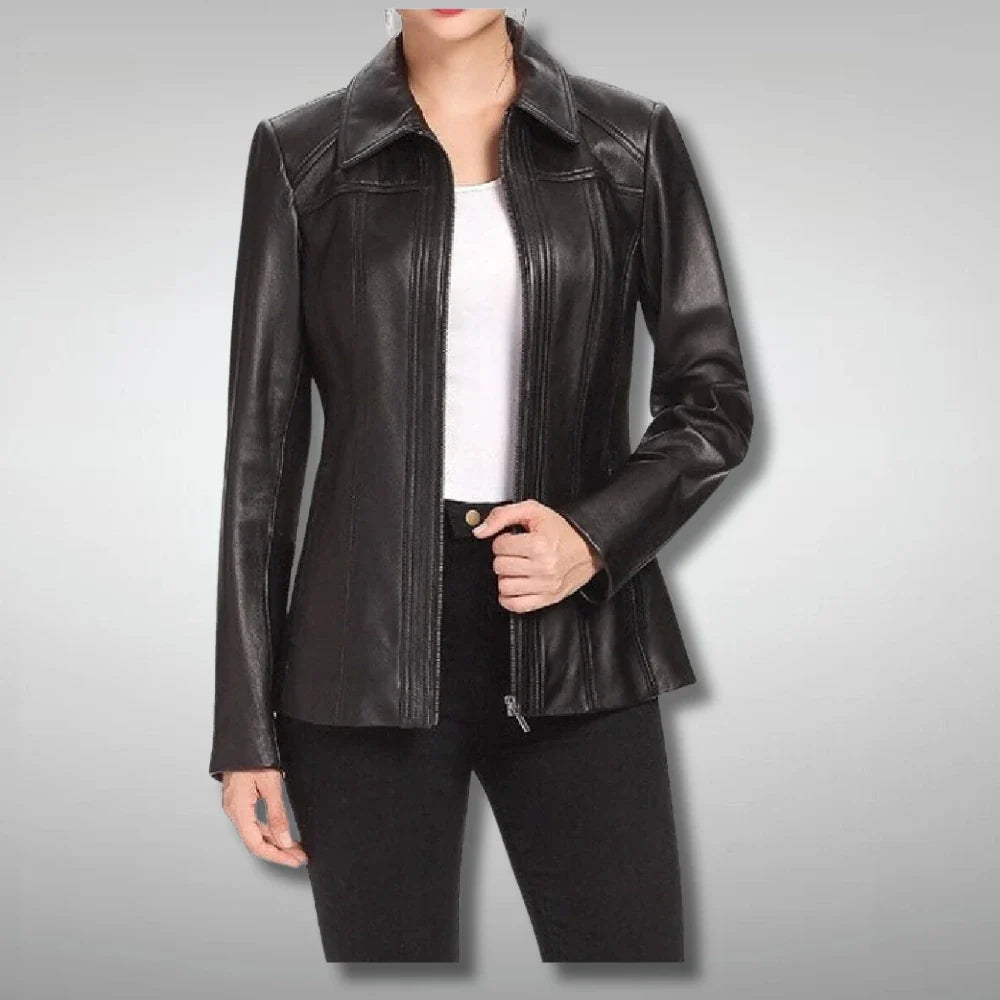 Women's Slim-Fit Fashion Coat Style Black Leather Jacket