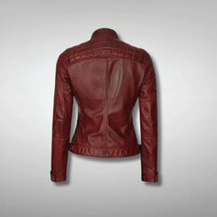 Women's Maroon Quilted Slim Fit Leather Motorcycle Jacket