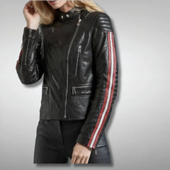 Women's Red And White Strips Quilted Black Motorcycle Leather Jacket