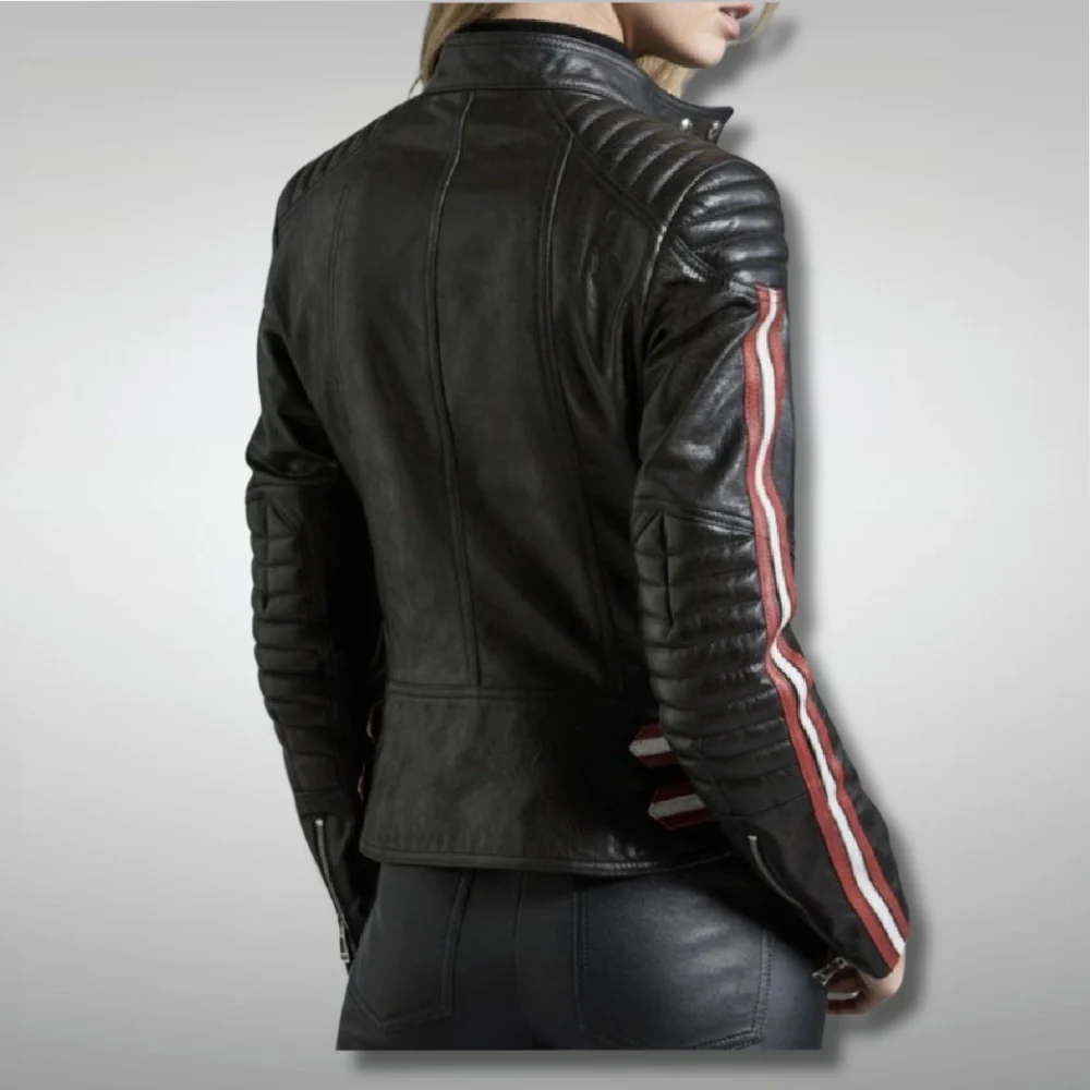 Women's Red And White Strips Quilted Black Motorcycle Leather Jacket