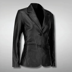 Women's Two-Button Slim Fit Black Leather Blazer