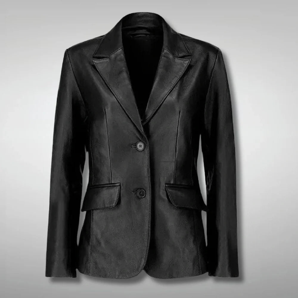 Women's Two-Button Slim Fit Black Leather Blazer