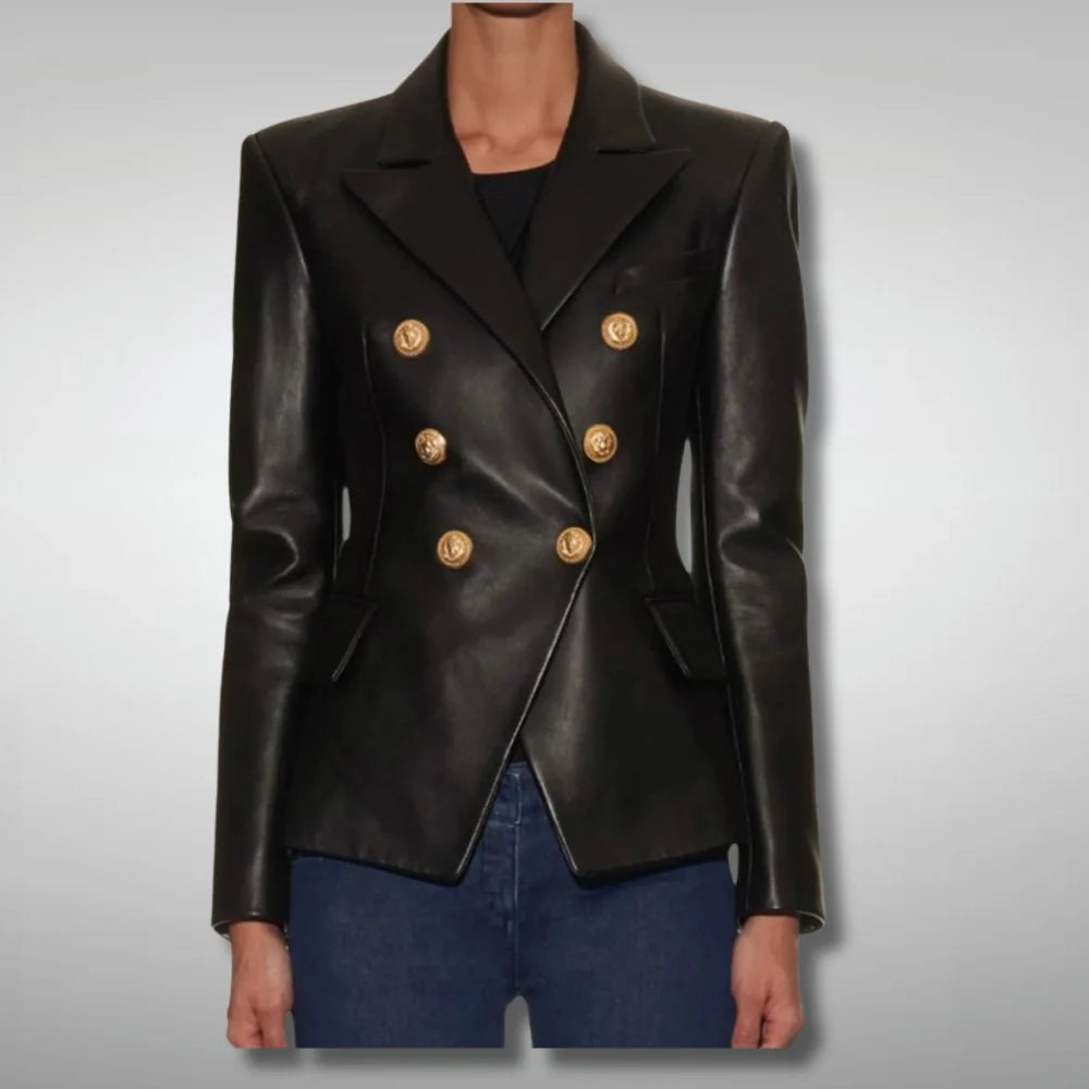 Women's Fashion Double Breasted Slim Fit Black Leather Blazer