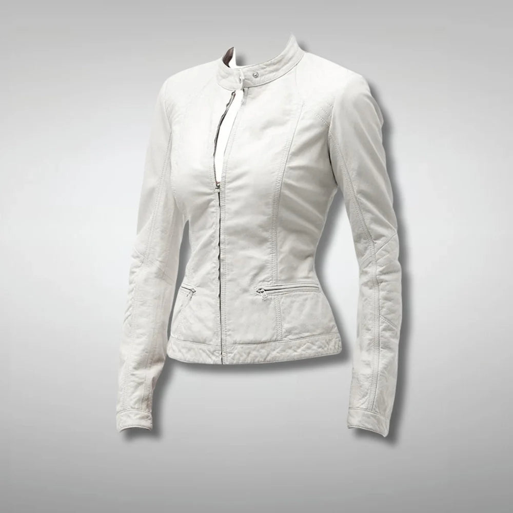 Women's Slim Fit White Leather Motorcycle Jacket