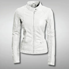 Women's Slim Fit White Leather Motorcycle Jacket